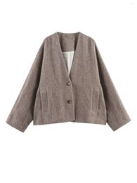 Outerwear Plus Size Women's Clothing Woollen Coat Long Sleeve V-Neck Loose Short Jacket Bust 140-154CM Extra Large