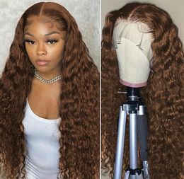 Kinky Curly 360 Lace Frontal Brazilian Wigs For Black Women Brown Deep Wave Synthetic Wig With Baby Hair Blenched Knots6186946