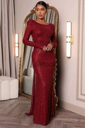 Basic Casual Dresses Casual Dresses Spring Luxury For Women Wine Red Sequins O-neck Backless Long Sleeve Bodycon Slit Formal Party Robe 240304
