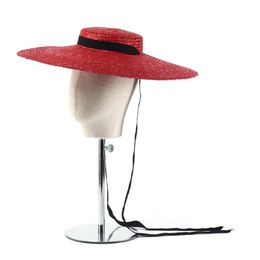 Wide Brim Hats 15cm Straw Hat Flat Top Summer Beach For Women Ribbon Boater Sun Gray Black Red Pink Blue With Chin Strap237W
