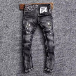Men's Jeans Fashion Designer Men High Quality Retro Black Grey Stretch Slim Ripped Embroidery Patched Vintage Denim Pants
