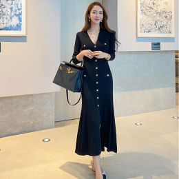 Dresses Sweater Dress 2022 Summer Autumn Single Breasted Peter Pan Collar V Neck Celebrities Midi Long Knitted Dress Women Knit Wear