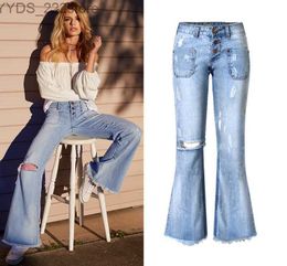 Jeans Wholesale-Womens jeans Loose Ripped Hole Tassel pocket Button Wide leg luxury Punk Blue jeans Woman good quality 240304