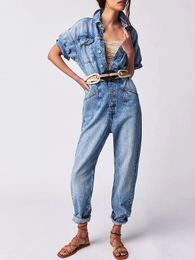 Women Denim Jumpsuit Woman Jean Overalls Short Sleeve Elegant Jumpsuits Y2k Streetwear Turn Down Collar Vintage Female 240304