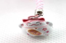 100pcs Pink LOVE Maneki Neko Lucky Cat Bell Cell Phone Charm Strap 07 in3613158