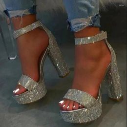 Dress Shoes Luxury Bling Crystal Chunky Heels Sandals Peep Toe Ankle Strap High PlatformDress 2024 Summer Party Big Size