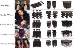 10A grade human hair straight body deep water wave kinky curly bundles with lace closure frontal brazilian virgin Weave Weft Exten6091049