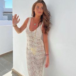 Casual Dresses 2024 Summer Sexy Women Bikini Cover-up Crochet Dress Sleeveless U-neck Hollow Out Slim Fit Beach Long