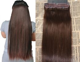 Whole Real Remy Human Hair 4 Dark Brown One Piece Clip in Hair Extensions with 5 clips Slik Straight Clip on Extension 70g4798035