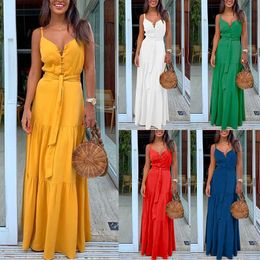 Summer Women's Bohemian Maxi Dress Solid Color Loose Waist V-Neck Belted White Yellow Red Green Blue Colors S-XXXL Sizes AST58389