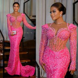 Nigeria Plus African Size Prom Pink Evening Dresses Long Sleeves Sequin Lace Formal Dress Rhinestones Mermaid Illusion Birthday Gowns for Black Women NL588