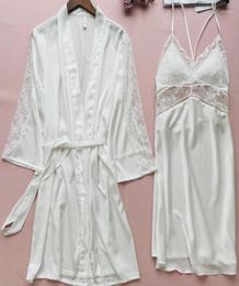 Women039s Sleepwear Twinset Robe Gown Set Lace Satin Bridal Bathrobe Chemise Nightgown Suit Bridesmaid Wedding Morning Intimate1481887