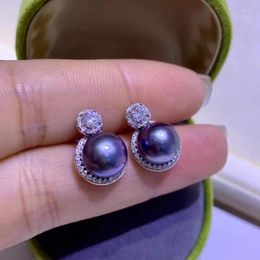 Stud Earrings HENGSHENG Trendy 9-10mm Tahiti Natural-Ocean Round Black Pearls 925 Sterling Silver Fine Female Jewellery