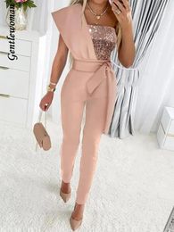 One Shoulder Sequin Elegant Jumpsuit Women Sleeveless Pencil Pant Bodysuit With Belt Female Evening Party Outfits240304