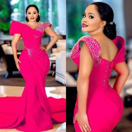 African Nigeria Plus Size Aso Ebi Prom Dresses for Black Women Evening Dresses Mermaid Off Shoulder Satin Bead Formal Dress Gala Birthday Gowns Engagement Gown NL472