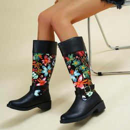 Thigh High Heel Women Boots Leather Winter Round Head Embroidered Flower Mid Sleeve Womens Panel Warm Martin 230830