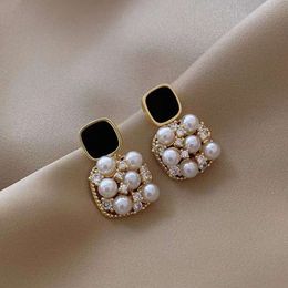 Needle Korean Square Pearl Female Hollow Style Advanced Design Sense Earrings, and Earrings