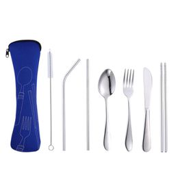 7PcsSet 4PcsSet Stainless Steel Tableware Set Portable Spoon Fork Knife Lunch Set Travel Tableware Dinnerware With Bag VF1524 T03150776