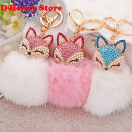 16CM rabbit fur fox key chains Bling Rhinestone Fox Real Rabbit Fur Ball Fluffy Keychain Car Key Chain Ring Pendant Bag Charm3118