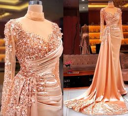 Plus Size Arabic Aso Ebi Luxurious Mermaid Sexy Prom Dresses Sheer Neck Beaded Sequins Evening Formal Party Second Reception Gowns Dress