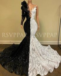 Vestido de sereia preto/branco nova chegada lantejoula brilhante uma manga longa e africana menina baile vestidos bc11113 es