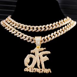 Fashion Hip Hop Men Crystal OTF Letters Pendant Necklace 13mm Bling Rhinestone Cuban Chain Iced Out Necklaces Rock Jewelry Gift 240228