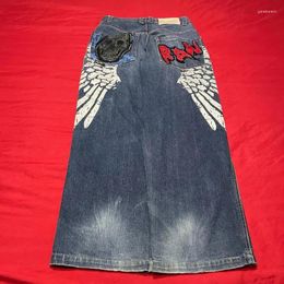 Women's Jeans American Retro Street Fashion Hip Hop Skull Text Printed High Waist For Men Y2K Baggy Wide Leg Pants Women Blue