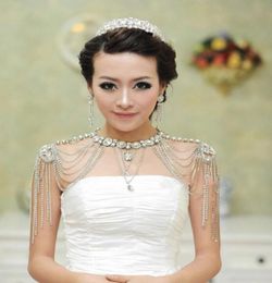 Wedding Bridal Dresses Epaulet Jacket Crystal Rhinestone Silver Necklace Long Shoulder Long Full Body Chain Earrings Jewelry Set1930731