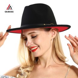 QIUBOSS 60 CM Big Head Size Black Red Patchwork Wool Felt Jazz Fedora Hats Caps Wide Brim Panama Trilby Cap for Men Women T200118233c