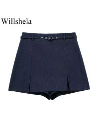 Shorts Willshela Women Fashion With Belt Navy Blue Side Zipper Mini Skirts Shorts Vintage High Waist Female Chic Lady Shorts