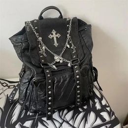 MBTI Goth Y2k Backpacks for Women Black Punk Rivet Chain School Students Bag Pu Leather Cross Skeleton Fashion Female Backpacks 240223