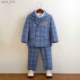 Suits Children Plaid Blue Wedding Suit Baby 1 Year Birthday Dress Prince Kids Jacket Pant Photograph Suit Flower Boys Tuxedo Costume