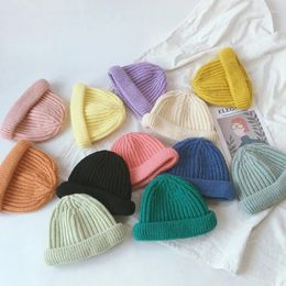 Berets Toddler Kids Baby Winter Crochet Knit Beanie Hat Macaron Candy Colour Windproof Cuffed Short Melon Skull Cap Ear Warmer