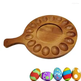 Kitchen Storage Deviled Egg Platter 16 Holes Wood Round Tray Container Handle Reversible Charcuterie Board Plate Serving Countertop