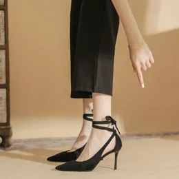 Dress Shoes 2024 Versatile Pointed Shallow Mouth Hollow Single Shoe Black Suede Fine Heel Strap Sandals 4535