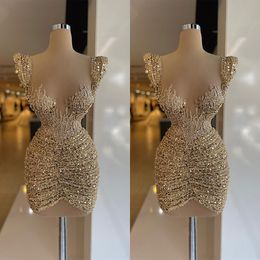 Sexy Women Evening Short Dresses Sheer Neck Sleeveless Prom Gowns Sequins Appliques Mini Dress For Party Custom Made Robe De Soiree
