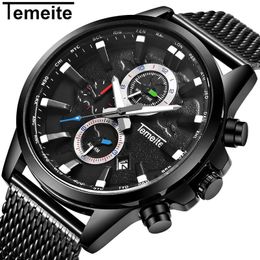TEMEITE New Original Men's Watches Top Brand Sport Business Quartz Watch Men Clock Date Mesh Strap Wristwatches Male Relogio258L