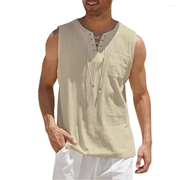 Men's Casual Shirts Tank Tops Solid Colour Cotton Linen Tie-in Collar Sleeveless Summer V-neck Vest Breathable Simple