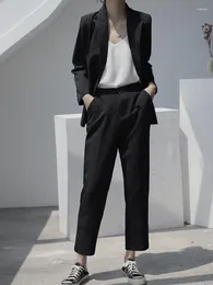 Women's Two Piece Pants Lnsozkdg 2024 Women Office Black Suit Two-Piece Pantsuit Elegant Blazer Female Set Casual Loose Jacket Work Clothes