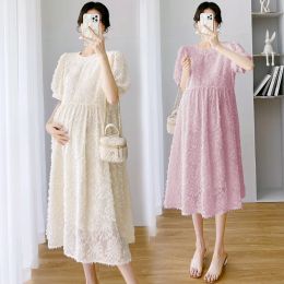 Dresses Maternity Chiffon Dress 2023 Summer New Clothes For Pregnant Women Elegant Pink High Quality Loose Solid Pregnancy Dresses