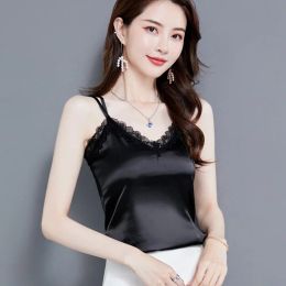 Camis #1265 Backless Crop Top Women Black White Gold Pink Summer Crop Top Femme Sexy Slim Short Satin Tops Vneck Lace Sleeveless