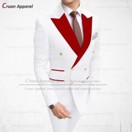 Suits 2022 Stylish Wedding Men White Suits Set Slim Fit Groomsmen Groom Tuxedo Tailored Plus Size Red Velvet Lapel Blazer Pants 2Pcs