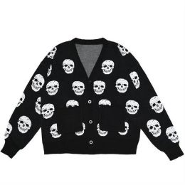 Cardigans Winter Men's Sweater Y2K Clothing Skull Printed Knitted Cardigan Pocket Long Sleeve VNeck Coat Women's Knitwear Sweaters Gothic