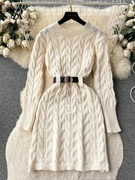 Work Dresses SINGREINY Office Lady Knitted Dress Twist Drill Shaped Long Sleeves Belt Solid Women Senior 2024 Winter Thick Sweater Midi