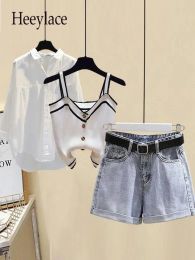 Sets Women Summer Shorts Sets Streetwear Straped Knitted Vest+white Sunscreen Blouse+denim Shorts 3 Pieces Sets For Women Clothing