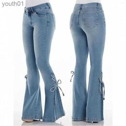 Women's Jeans Womens Jeans Women Flared High Waist Denim Pants Vintage Stretch Streetwear Lace Up Bell Bottom Pant Elastic Trousers 240304