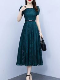 Green Women Chiffon Vintage Casual Floral Dress Short Sleeve Black Elegant Beach Robe Chic Long Tunics Prom Dresses For 240226