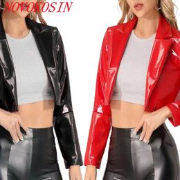 S-3XL Fun Top Short Motorcycle Long Sleeves Jacket Open Waist Coat Red Elastic Mirror PU Shiny Leather Nightclub Uniform 240304