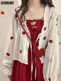 Shirt KOSAHIKI Summer Kawaii Strawberry Embroidery Cardigan Kimono Blouse Women Sunscreen Shirt Bandage Ruffle Blusas Loose Tops 2023