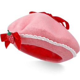 Women Beret Hat Strawberry Bow Decorative Cap French Style Wool Warm Clothing Accessory 240229